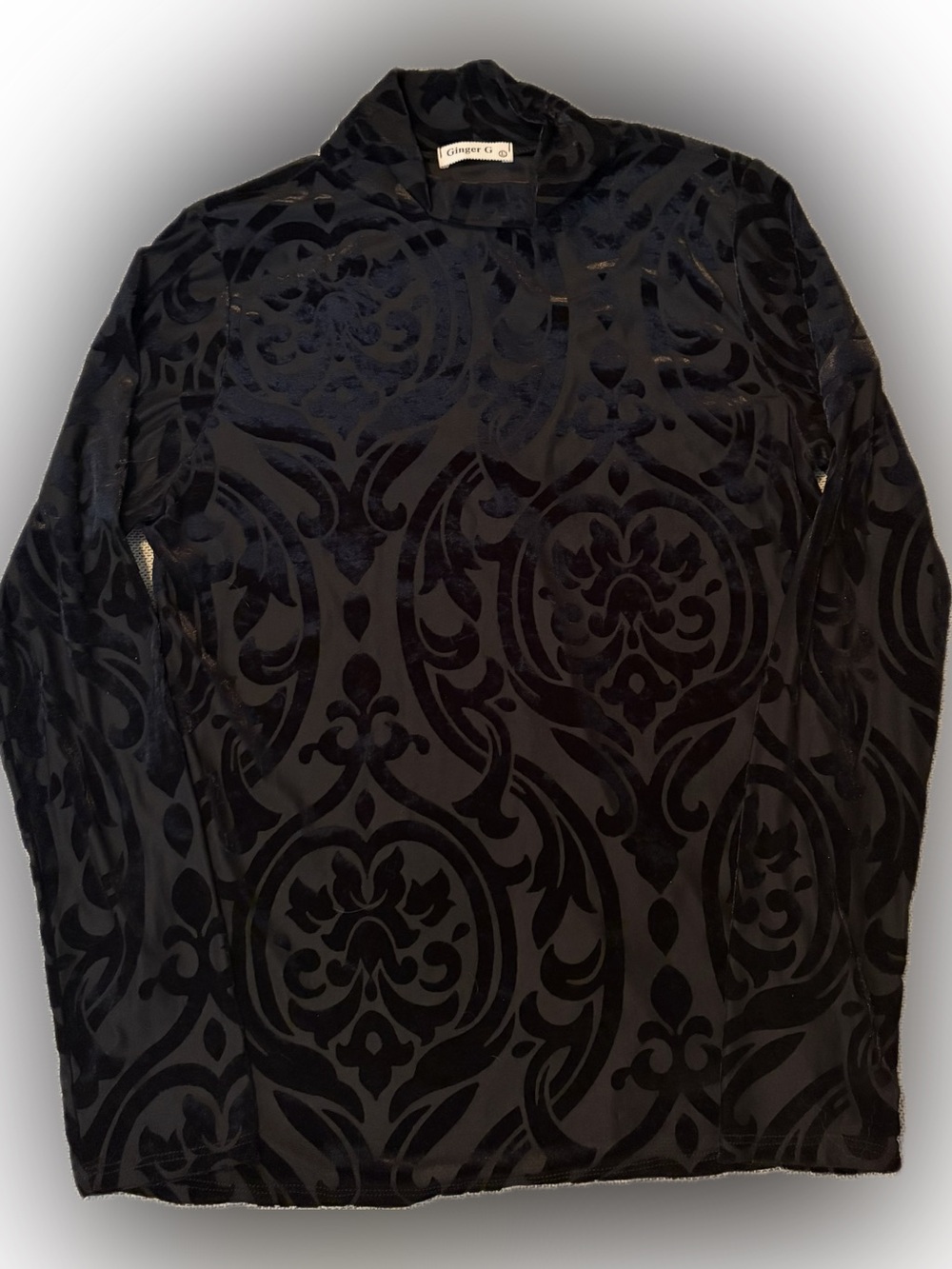 Ginger G Black Velvet Burnout Damask Mock Neck Top Size L Gothic Sheer Y2K